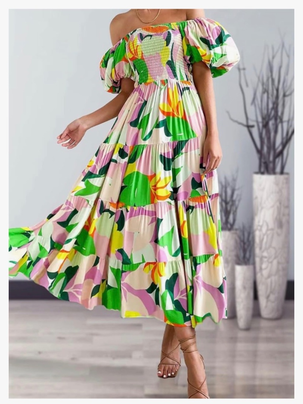 Smocked Dress, Square Neck, Puff Short Sleeve